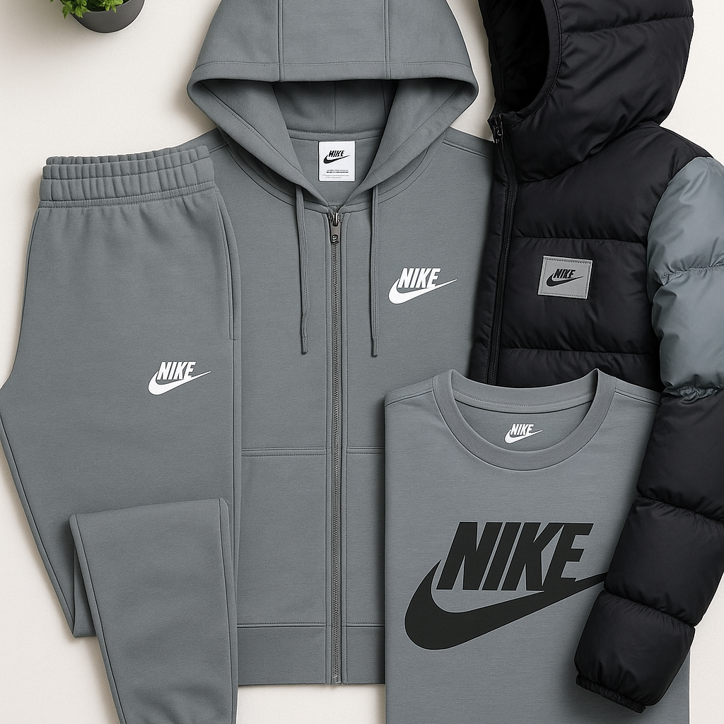 NK™ Men’s Complete Set – Fleece Tracksuit + Logo T-Shirt + Winter Puffer Jacket